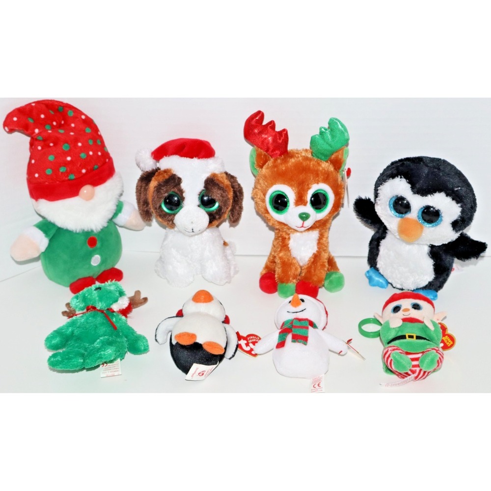 TY Holiday Christmas Beanie Boos Ornament Keychain Bag Clip Plush 8 PC Lot